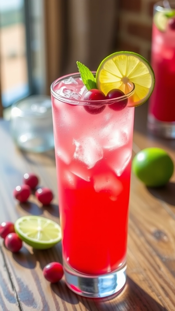 A refreshing Cranberry Lime Rum Fizz cocktail garnished with a lime wedge and cranberries on a wooden table.